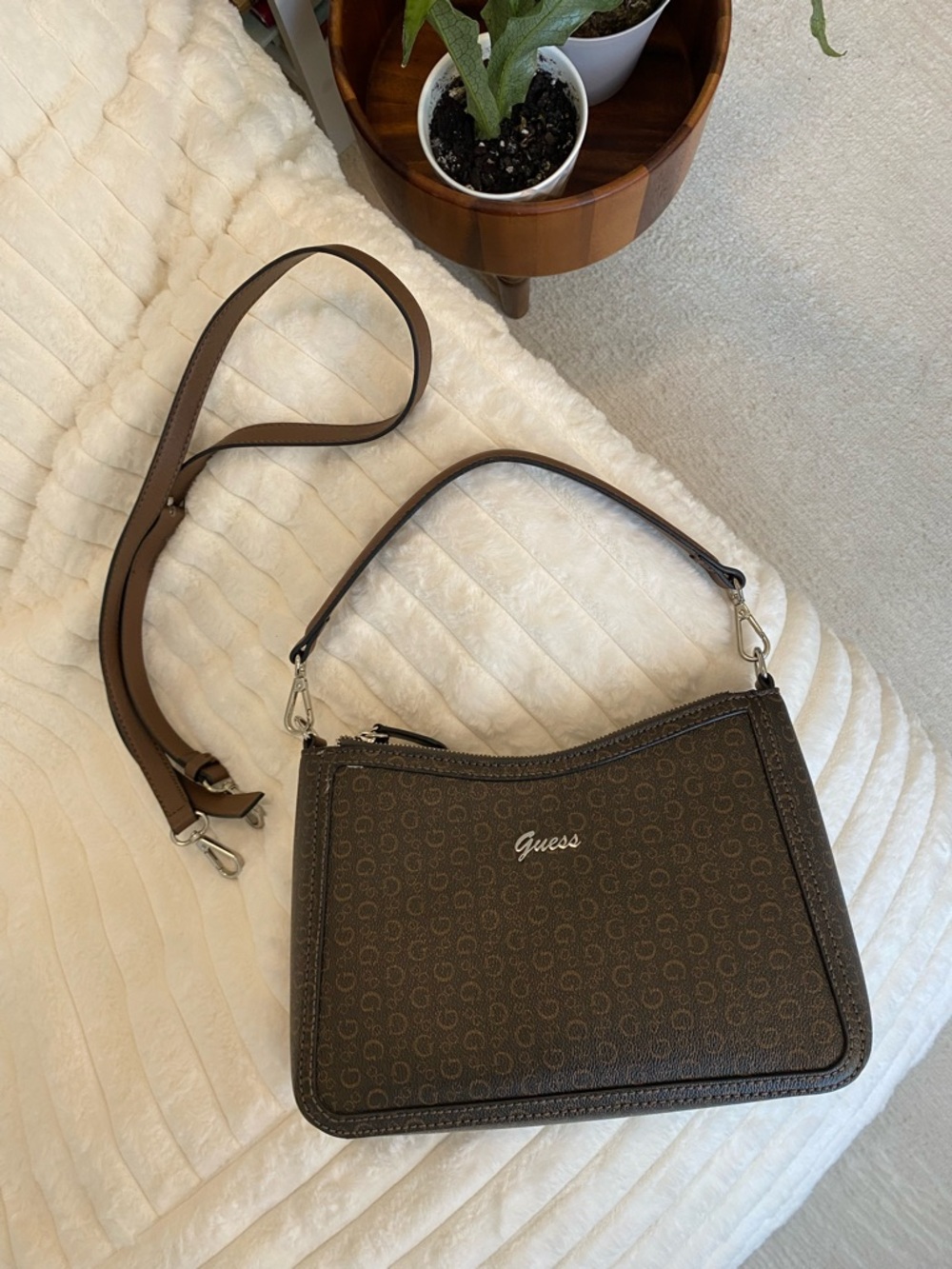 Guess Brown Logo-Print Convertible Shoulder Bag